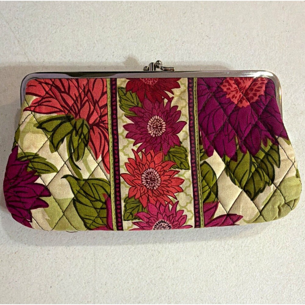 Vera Bradley”Hello Dahlia”Quilted Double Kiss Lock Clutch Wallet Silver Hardware